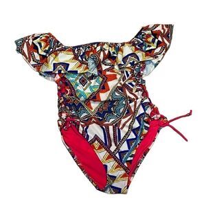 Side Laced Swimsuit, 1 piece on/off shoulder, orange print